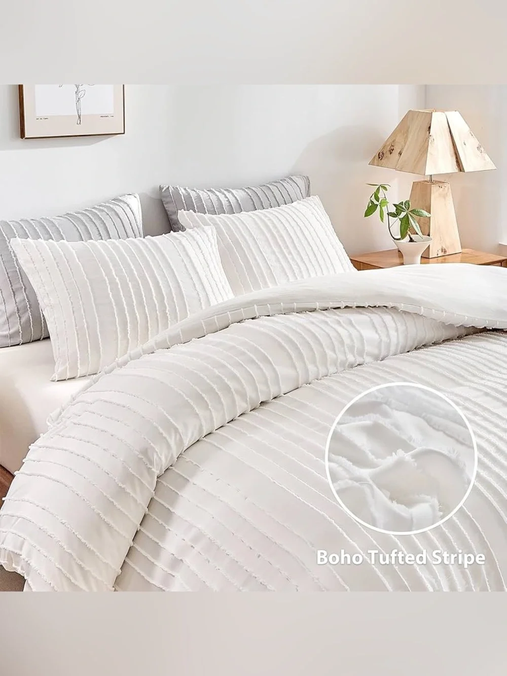WARMDERN White Boho Duvet Cover Set Striped Textured Tufted Bedding Set, 3 Pcs